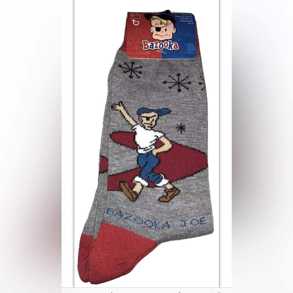 Bazooka Joe Gum Crew Socks 1 Pair Men 6-12 Gray Red Comic Cartoons Topps 5 Cent